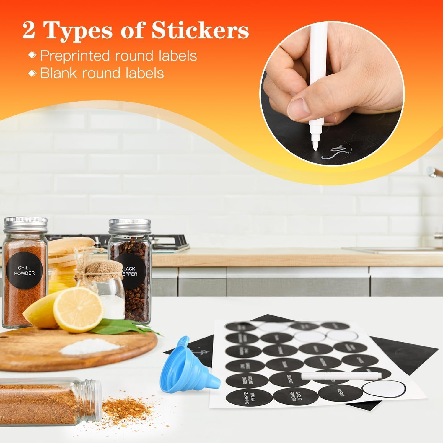 24 Glass Spice Jars with Lids, Shaker Tops, 180 Labels, Pen & Funnel for Kitchen Organization - White - Food & Beverage > Pantry > Seasonings & Spices - Rivercity House & Home Co. (ABN 18 642 972 209) - Affordable Modern Furniture Australia
