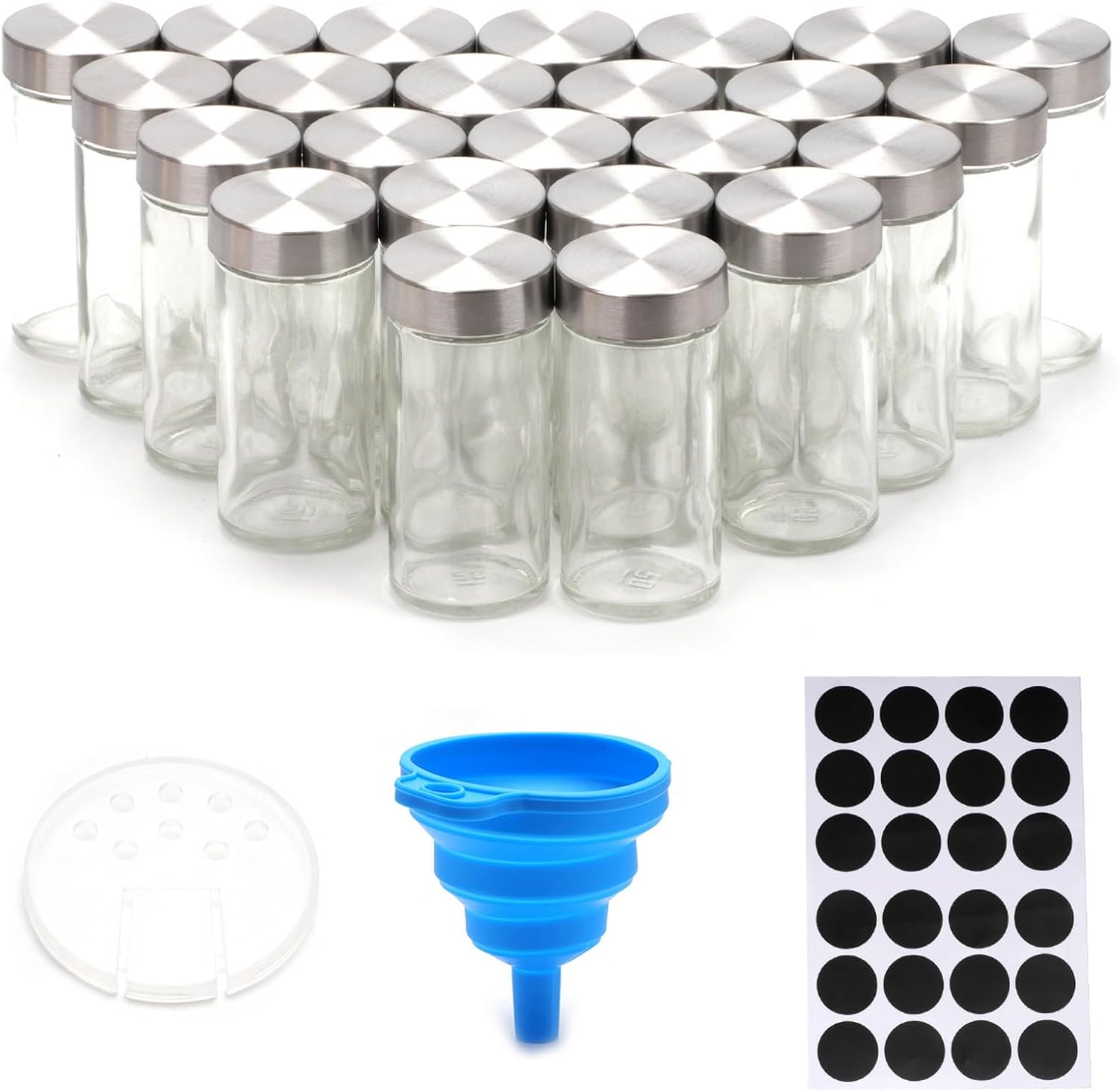 24 Glass Spice Jars with Lids, Shaker Tops, 180 Labels, Pen & Funnel for Kitchen Organization - White - Food & Beverage > Pantry > Seasonings & Spices - Rivercity House & Home Co. (ABN 18 642 972 209) - Affordable Modern Furniture Australia