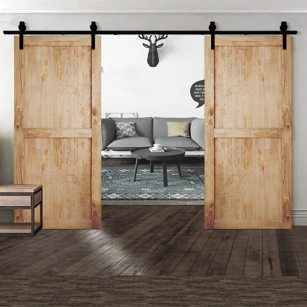 2.44m Antique Classic Double Sliding Barn Door Track Kit - Black - Rivercity House & Home Co. (ABN 18 642 972 209) - Affordable Modern Furniture Australia