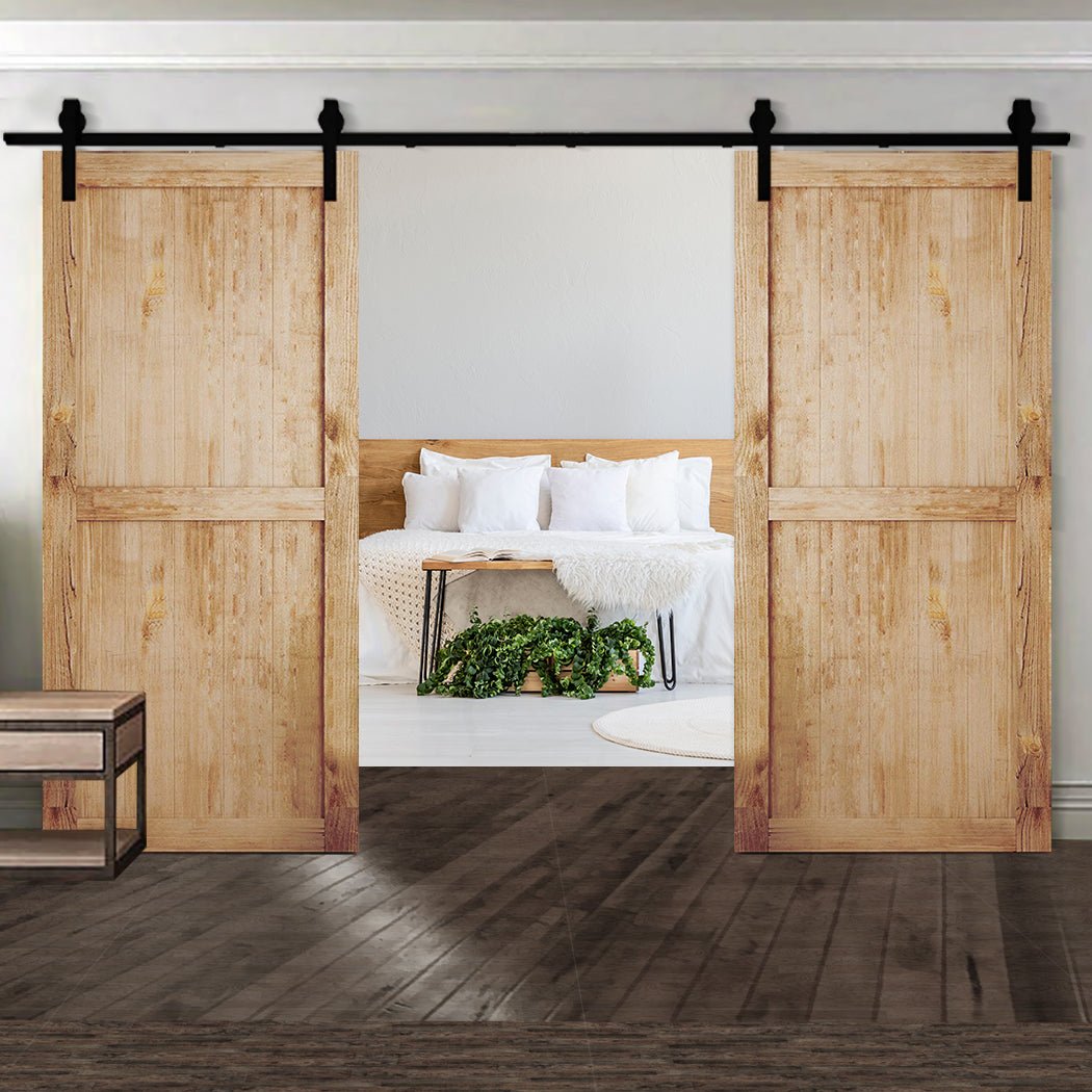 2.44m Antique Classic Double Sliding Barn Door Track Kit - Black - Rivercity House & Home Co. (ABN 18 642 972 209) - Affordable Modern Furniture Australia
