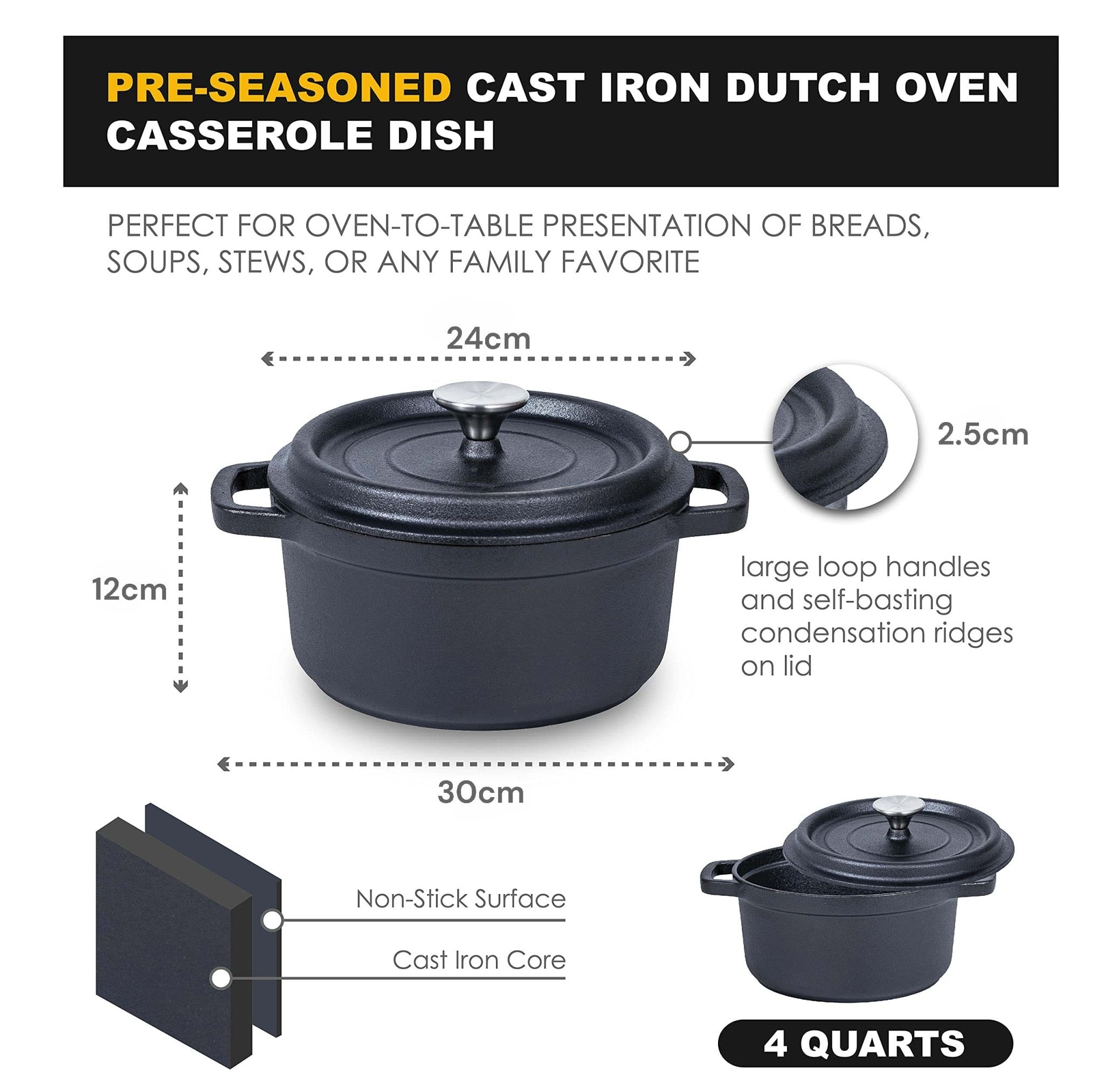 24cm Pre - seasoned NonStick Cast Iron Dutch Oven Handles Lid Skillet Cookware Braising Pot Pan Casserole - Home & Garden > Kitchenware > Skillets & Frying Pans - Rivercity House & Home Co. (ABN 18 642 972 209) - Affordable Modern Furniture Australia
