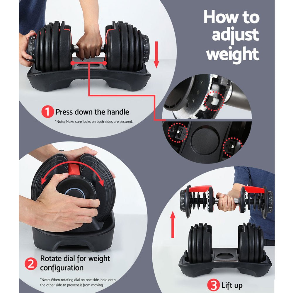 24kg Adjustable Dumbbell Set 2pcs with Weight Plates - Black and Red - Sports & Fitness > Exercise, Gym & Fitness > Free Weights - Rivercity House & Home Co. (ABN 18 642 972 209) - Affordable Modern Furniture Australia