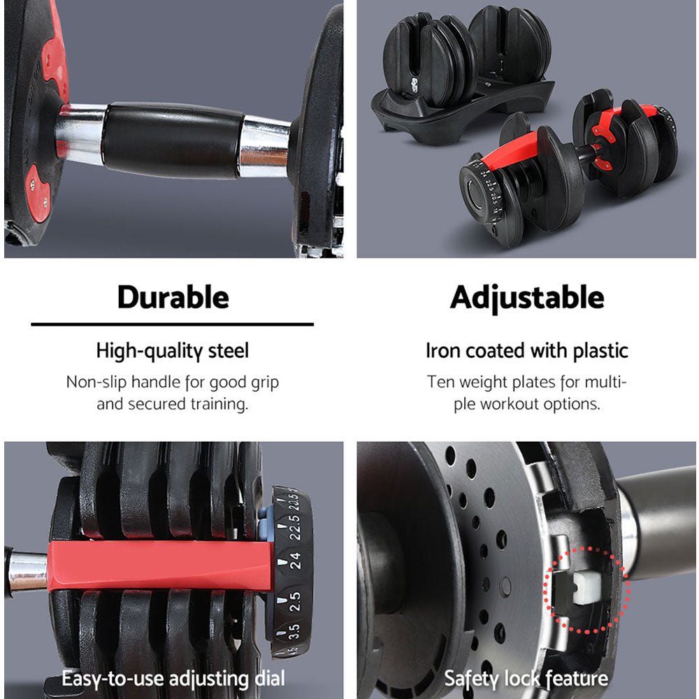 24kg Adjustable Dumbbell Set 2pcs with Weight Plates - Black and Red - Sports & Fitness > Exercise, Gym & Fitness > Free Weights - Rivercity House & Home Co. (ABN 18 642 972 209) - Affordable Modern Furniture Australia