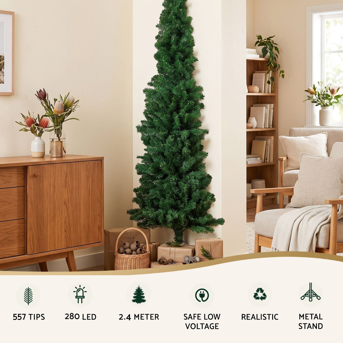 2.4m Pre-Lit Christmas Tree Slim Pencil Xmas Tree Corner Tree - Occasions > Christmas > Christmas Trees - Rivercity House & Home Co. (ABN 18 642 972 209) - Affordable Modern Furniture Australia