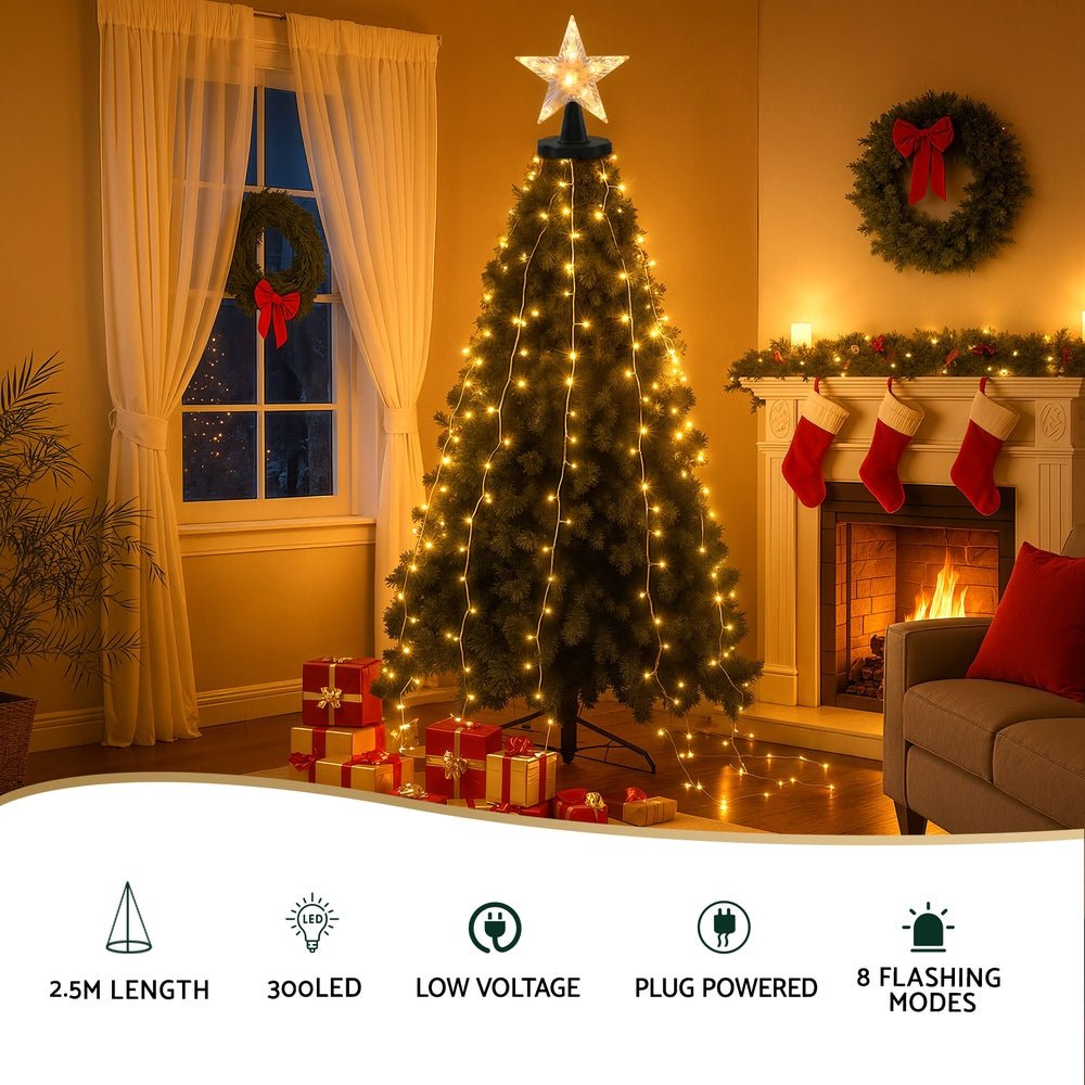 2.5M Christmas Lights Waterfall String Light 300 LED Star Topper - Occasions > Christmas > Outdoor Decorations & Lights - Rivercity House & Home Co. (ABN 18 642 972 209) - Affordable Modern Furniture Australia