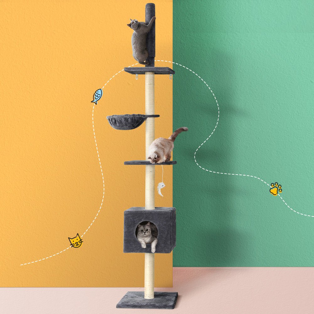 260cm Floor to Ceiling Cat Tree Tower with Scratching Posts and Bed - Dark Grey - Pet Care > Cat Supplies > Cat Scratching Posts - Rivercity House & Home Co. (ABN 18 642 972 209) - Affordable Modern Furniture Australia