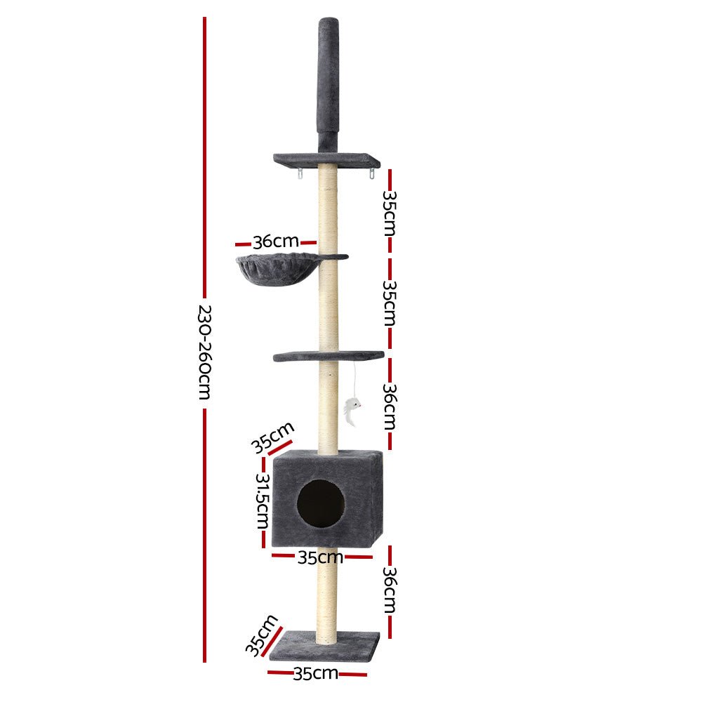260cm Floor to Ceiling Cat Tree Tower with Scratching Posts and Bed - Dark Grey - Pet Care > Cat Supplies > Cat Scratching Posts - Rivercity House & Home Co. (ABN 18 642 972 209) - Affordable Modern Furniture Australia