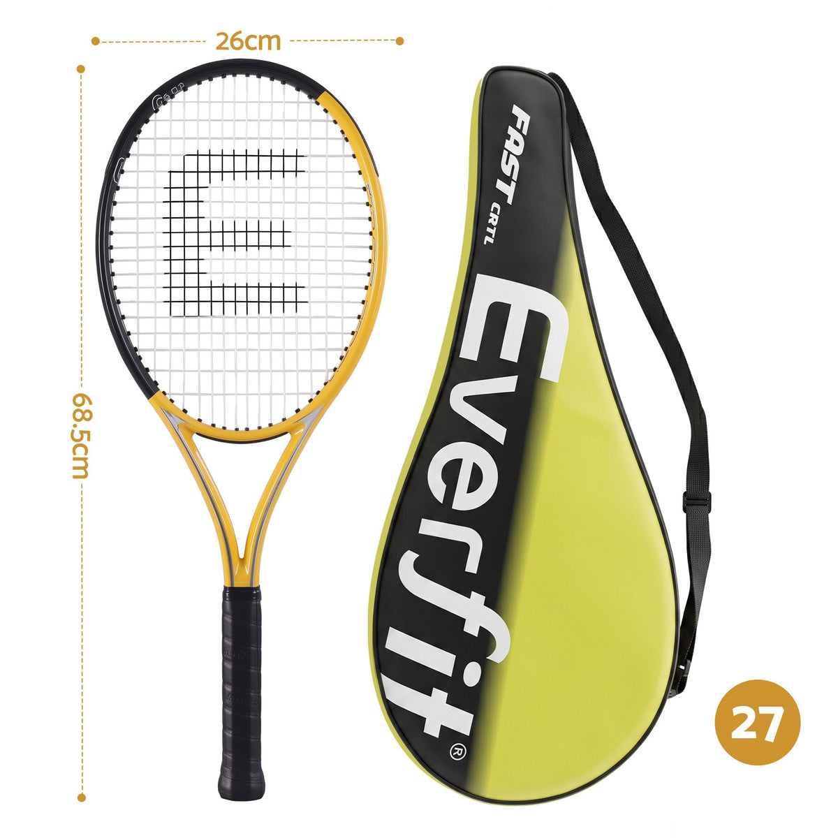 27 Inch Lightweight Tennis Racket Set of 2 with Cushioned Grip - Gold - Sports & Fitness > Racquet Sports > Tennis - Rivercity House & Home Co. (ABN 18 642 972 209) - Affordable Modern Furniture Australia