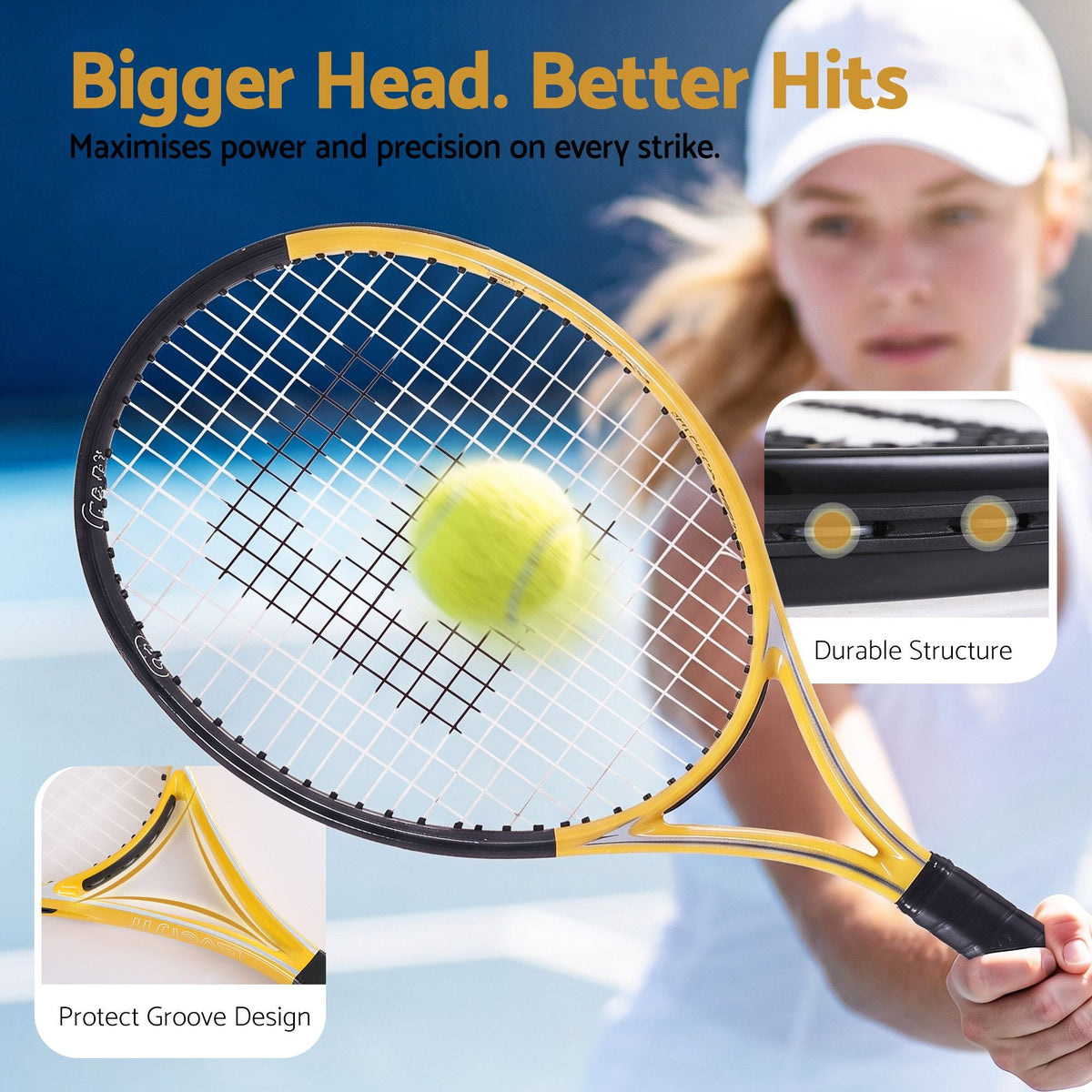 27 Inch Lightweight Tennis Racket Set of 2 with Cushioned Grip - Gold - Sports & Fitness > Racquet Sports > Tennis - Rivercity House & Home Co. (ABN 18 642 972 209) - Affordable Modern Furniture Australia