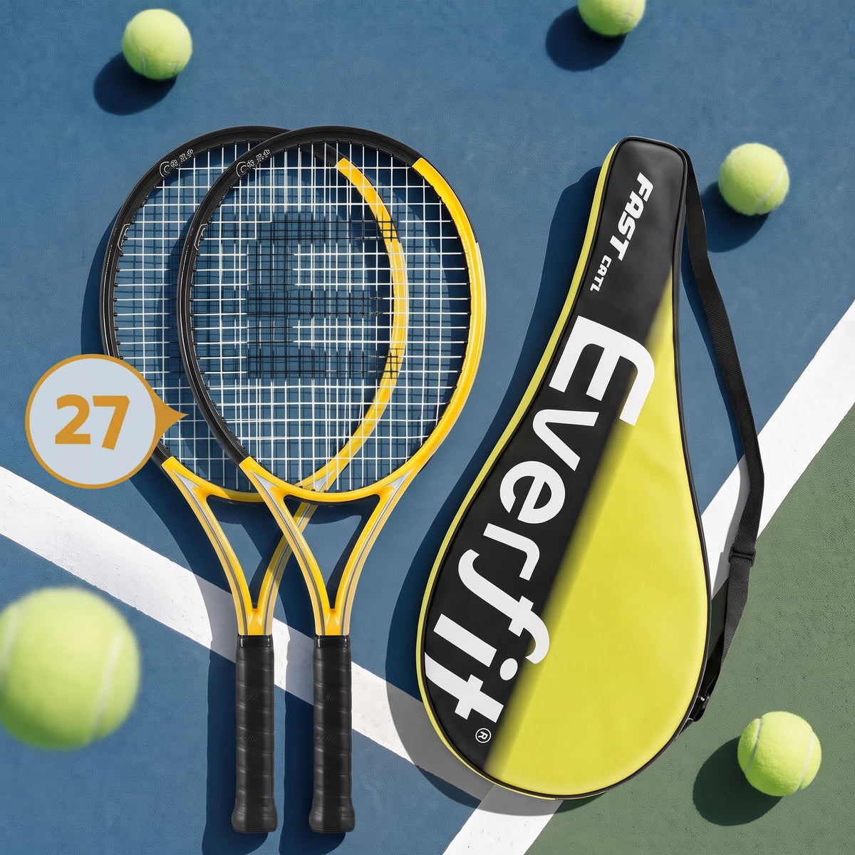 27 Inch Lightweight Tennis Racket Set of 2 with Cushioned Grip - Gold - Sports & Fitness > Racquet Sports > Tennis - Rivercity House & Home Co. (ABN 18 642 972 209) - Affordable Modern Furniture Australia