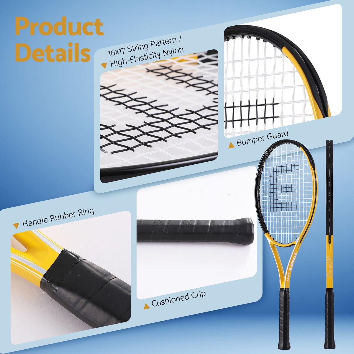 27 Inch Lightweight Tennis Racket Set of 2 with Cushioned Grip - Gold - Sports & Fitness > Racquet Sports > Tennis - Rivercity House & Home Co. (ABN 18 642 972 209) - Affordable Modern Furniture Australia
