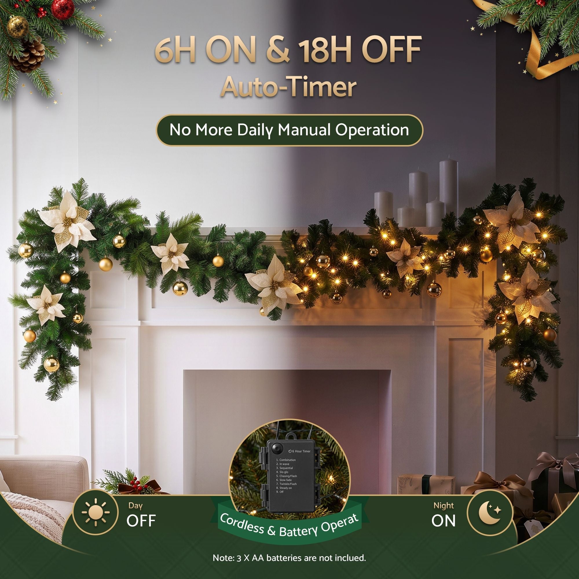 2.7M Christmas Garland 8 Mode LEDs Timing 200 Tips Flowers Balls - Occasions > Christmas > Christmas Wreaths & Garlands - Rivercity House & Home Co. (ABN 18 642 972 209) - Affordable Modern Furniture Australia