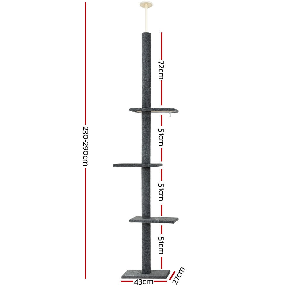 290cm Floor-to-Ceiling Cat Tree Tower with Scratching Posts and Beds - Grey - Pet Care > Cat Supplies > Cat Scratching Posts - Rivercity House & Home Co. (ABN 18 642 972 209) - Affordable Modern Furniture Australia