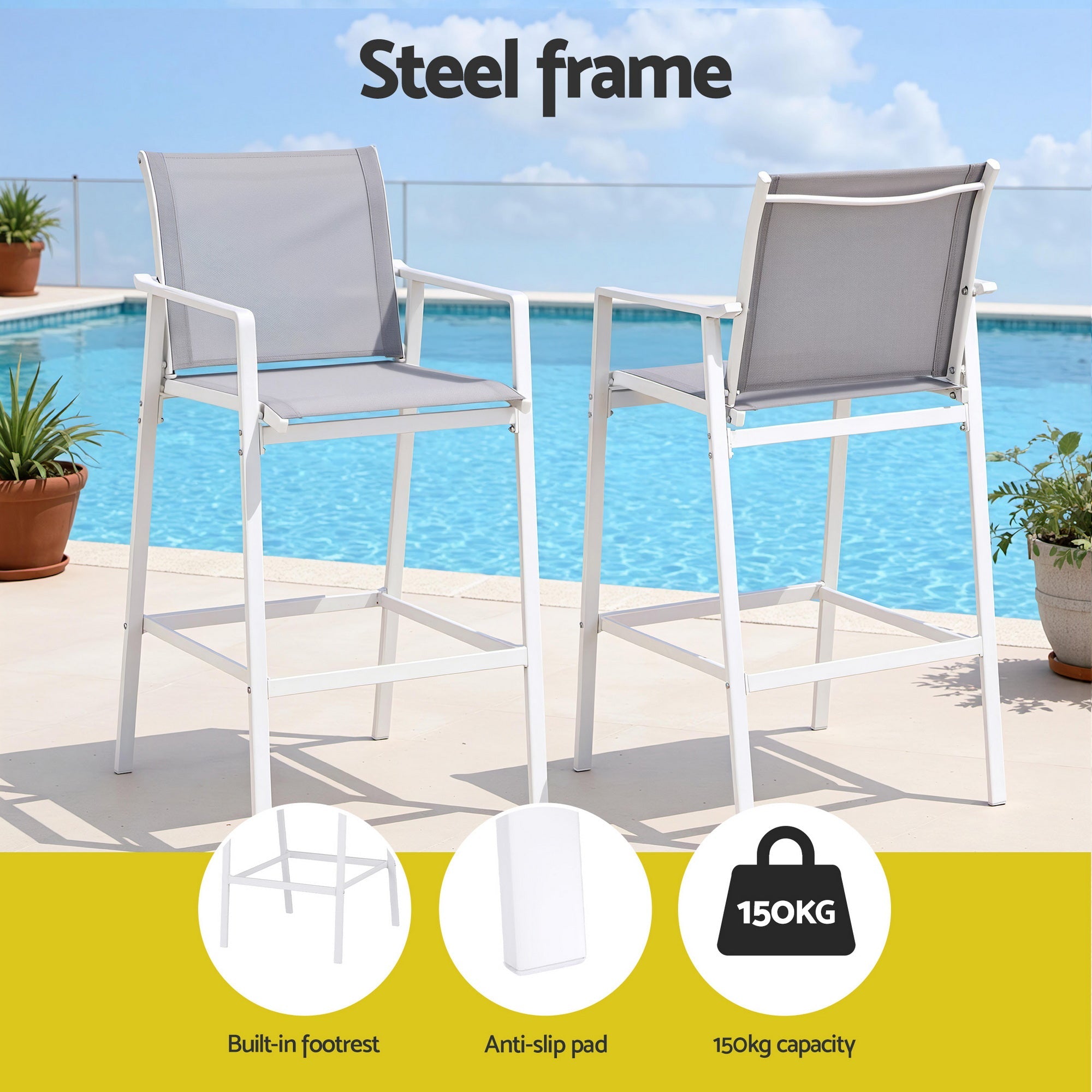 2PC Outdoor Bar Stools Dining Chairs Patio Furniture Garden Steel Textilene White - Furniture > Bar Stools & Chairs > Table & Bar Stools - Rivercity House & Home Co. (ABN 18 642 972 209) - Affordable Modern Furniture Australia