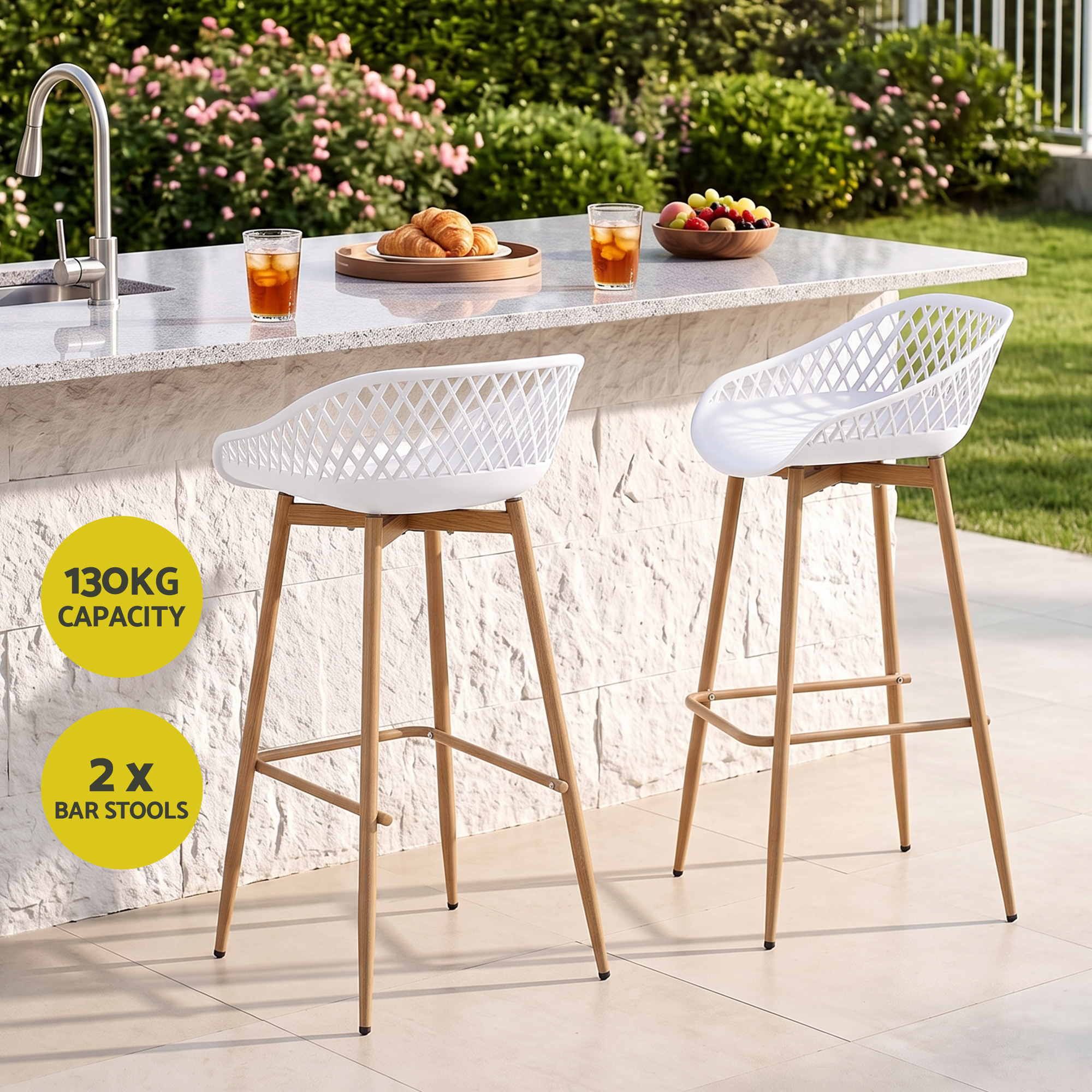 2PC Outdoor Bar Stools Plastic Metal Dining Chair Patio Furniture White - Furniture > Bar Stools & Chairs > Table & Bar Stools - Rivercity House & Home Co. (ABN 18 642 972 209) - Affordable Modern Furniture Australia