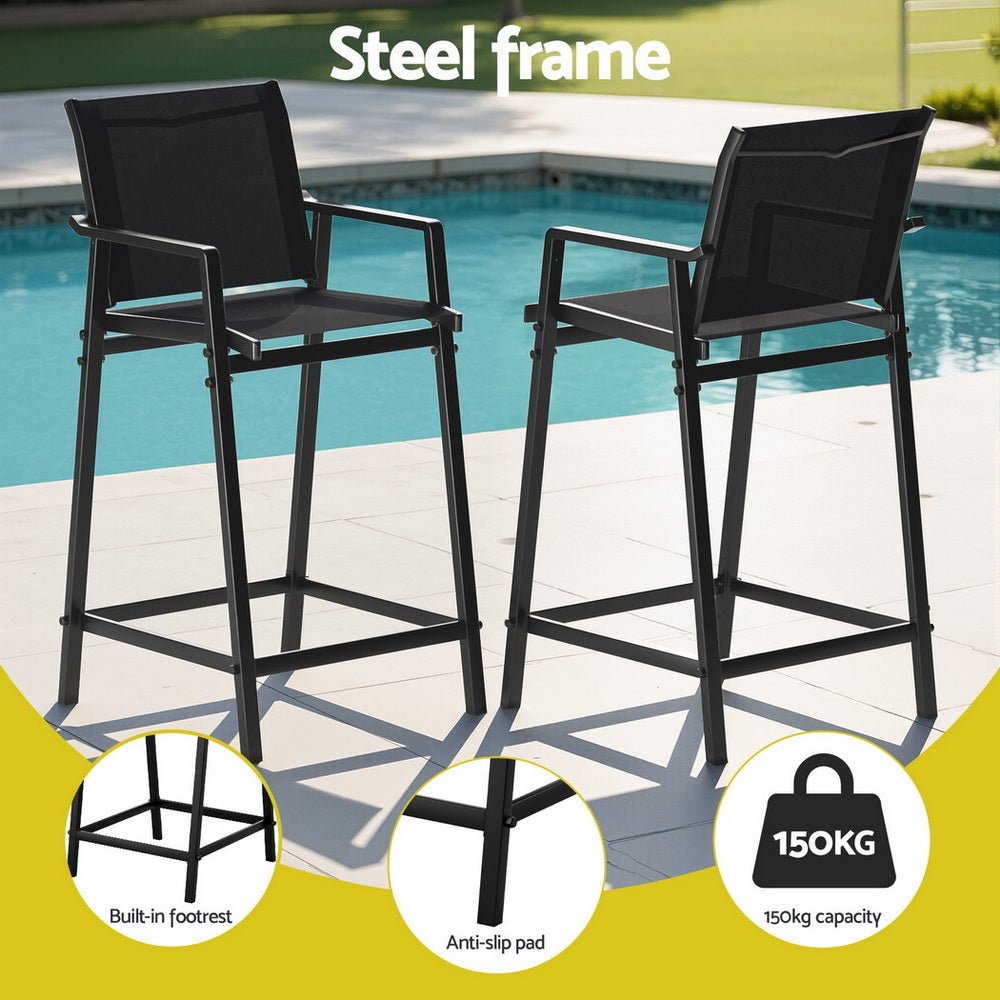 2PC Outdoor Bar Stools Steel Dining Chairs Patio Furniture Garden Black - Furniture > Outdoor > Outdoor Chairs - Rivercity House & Home Co. (ABN 18 642 972 209) - Affordable Modern Furniture Australia