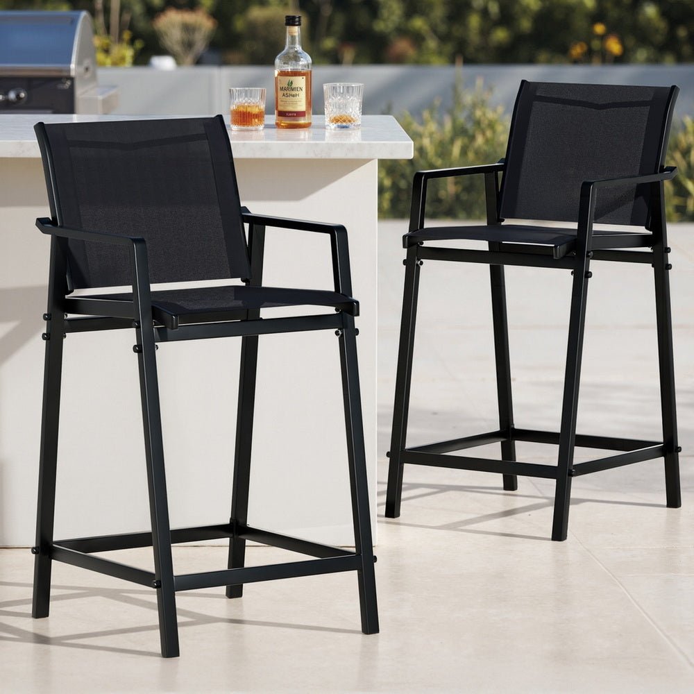 2PC Outdoor Bar Stools Steel Dining Chairs Patio Furniture Garden Black - Furniture > Outdoor > Outdoor Chairs - Rivercity House & Home Co. (ABN 18 642 972 209) - Affordable Modern Furniture Australia
