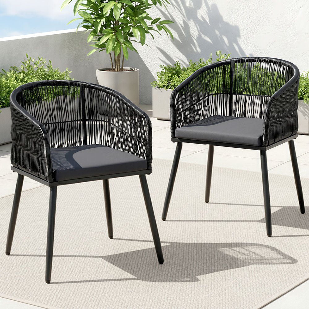 2PC Outdoor Dining Chairs Wicker Chair Patio Furniture Garden Steel Black - Furniture > Outdoor > Outdoor Chairs - Rivercity House & Home Co. (ABN 18 642 972 209) - Affordable Modern Furniture Australia