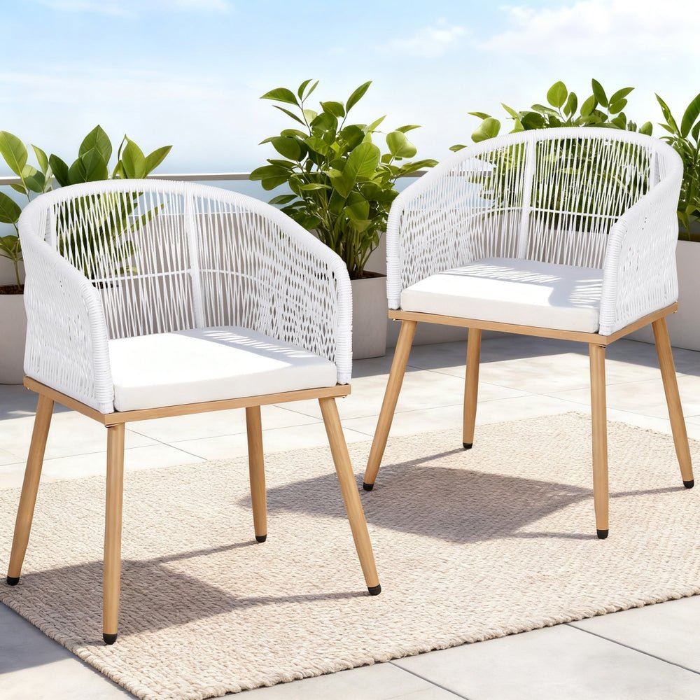 2PC Outdoor Dining Chairs Wicker Chair Patio Furniture Garden Steel White - Furniture > Outdoor > Outdoor Chairs - Rivercity House & Home Co. (ABN 18 642 972 209) - Affordable Modern Furniture Australia