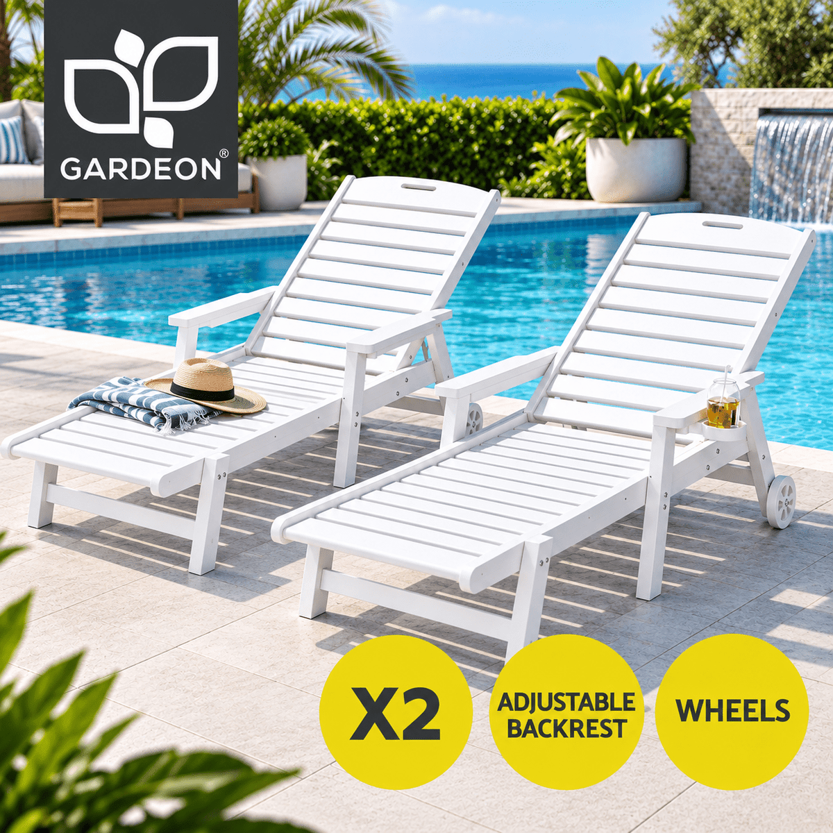 2PCS Adjustable Sun Lounge Chairs with Wheels for Outdoor Patio - White - Furniture > Outdoor > Outdoor Chairs - Rivercity House & Home Co. (ABN 18 642 972 209) - Affordable Modern Furniture Australia