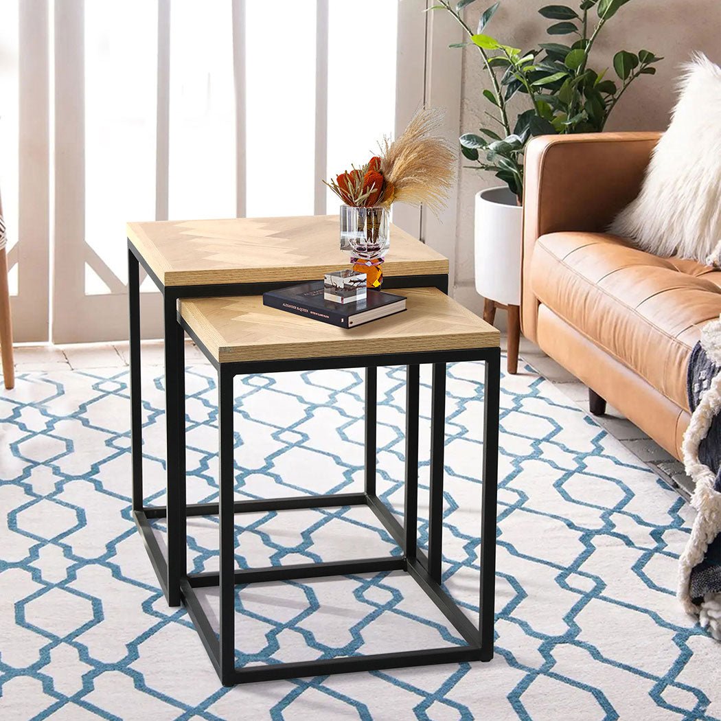2PCS Nesting Coffee Tables with Oak Veneer MDF Top and Steel Frame - Natural Black - Rivercity House & Home Co. (ABN 18 642 972 209) - Affordable Modern Furniture Australia