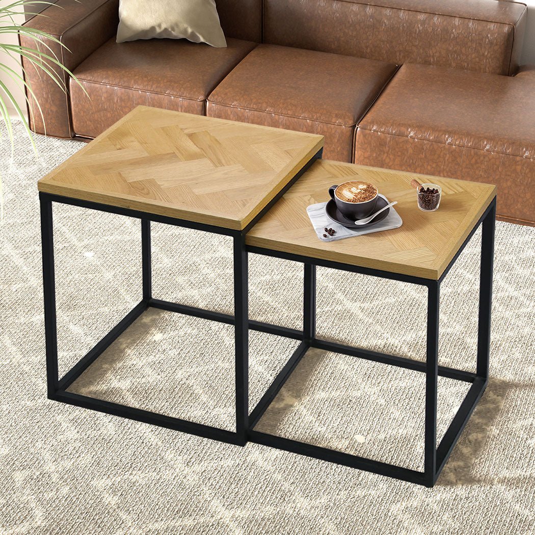 2PCS Nesting Coffee Tables with Oak Veneer MDF Top and Steel Frame - Natural Black - Rivercity House & Home Co. (ABN 18 642 972 209) - Affordable Modern Furniture Australia