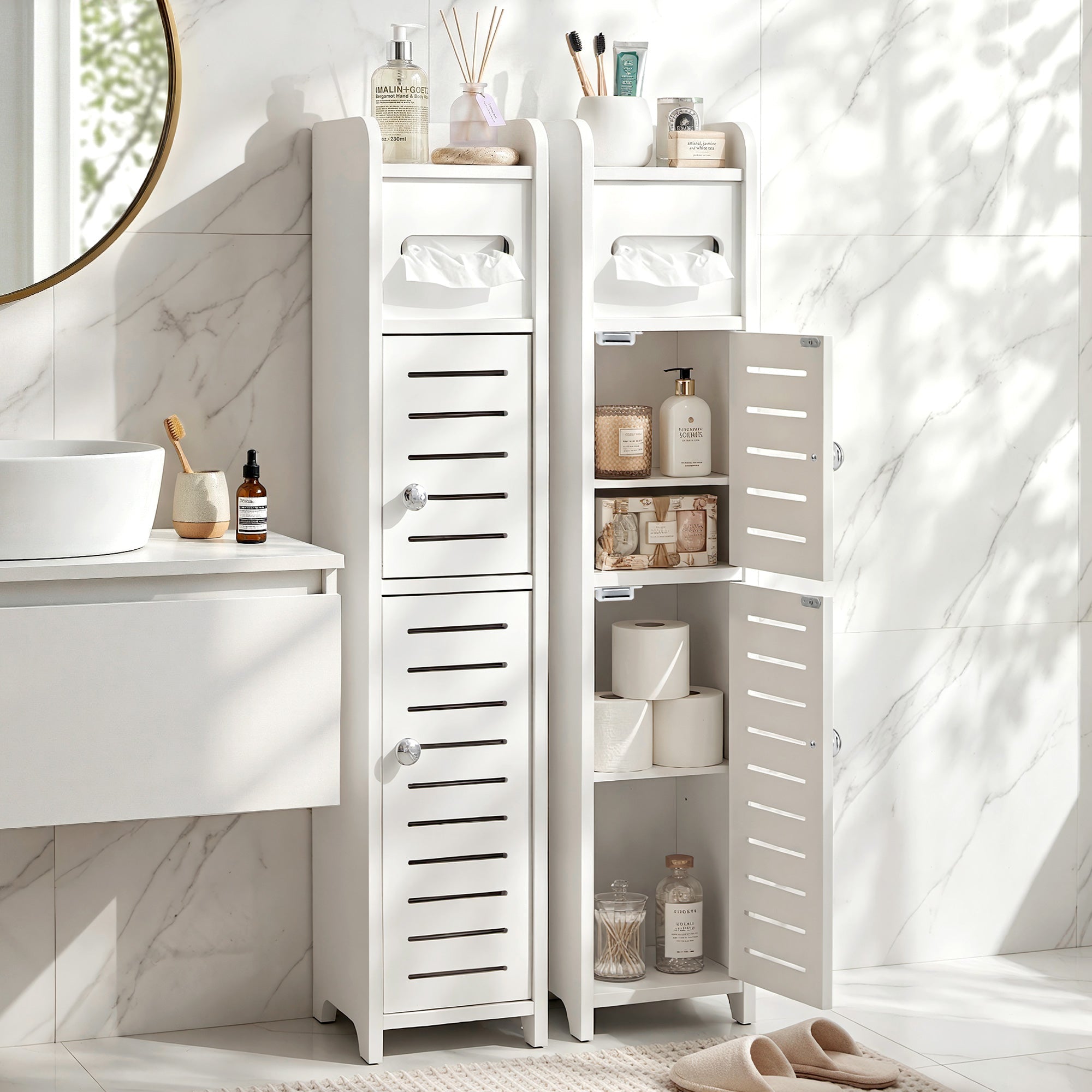 2x 3-Tier Bathroom Storage Cabinets with Toilet Paper Holder - White - Furniture > Bathroom > Bathroom Cabinets, Cupboards & Storage - Rivercity House & Home Co. (ABN 18 642 972 209) - Affordable Modern Furniture Australia