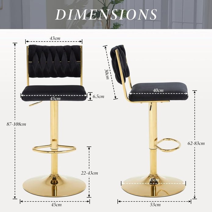 2x Adjustable Velvet Swivel Bar Stools with Braided Back and Gold Legs for Kitchen Island - Black - Furniture > Bar Stools & Chairs > Table & Bar Stools - Rivercity House & Home Co. (ABN 18 642 972 209) - Affordable Modern Furniture Australia