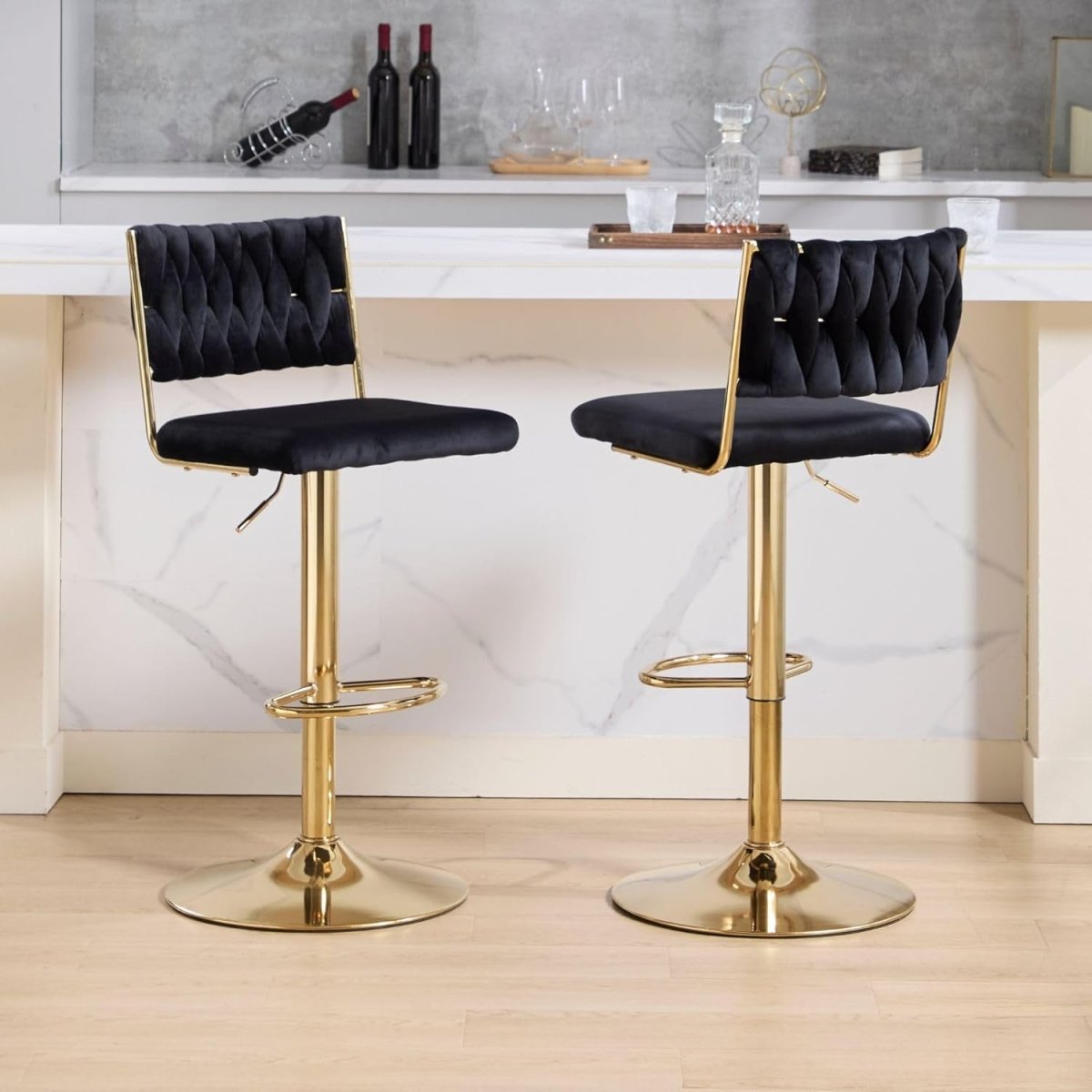 2x Adjustable Velvet Swivel Bar Stools with Braided Back and Gold Legs for Kitchen Island - Black - Furniture > Bar Stools & Chairs > Table & Bar Stools - Rivercity House & Home Co. (ABN 18 642 972 209) - Affordable Modern Furniture Australia