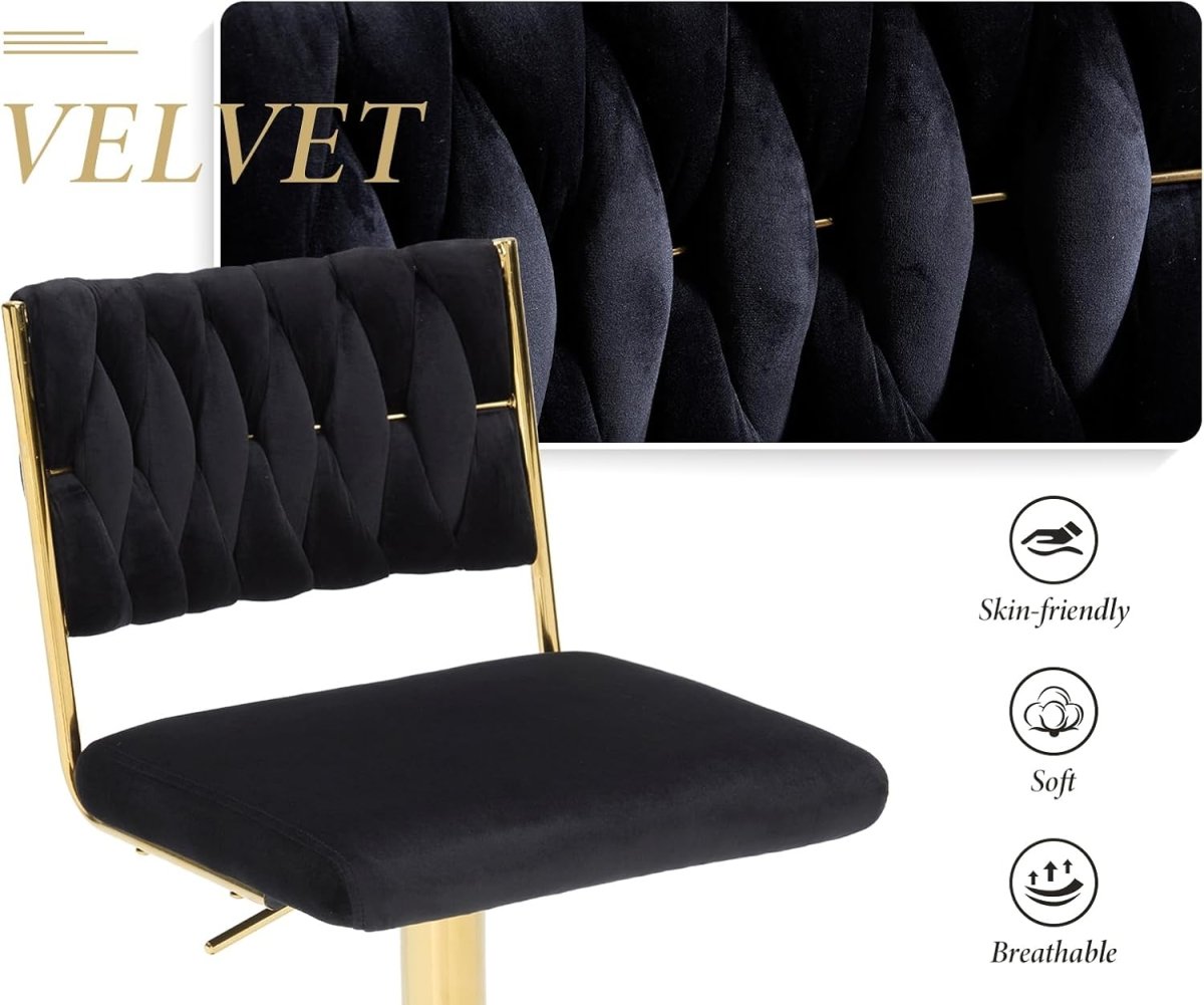 2x Adjustable Velvet Swivel Bar Stools with Braided Back and Gold Legs for Kitchen Island - Black - Furniture > Bar Stools & Chairs > Table & Bar Stools - Rivercity House & Home Co. (ABN 18 642 972 209) - Affordable Modern Furniture Australia