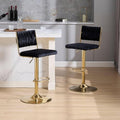 Set of 2 Adjustable Velvet Swivel Bar Stools with Braided Back and Gold Legs for Kitchen Island - Black