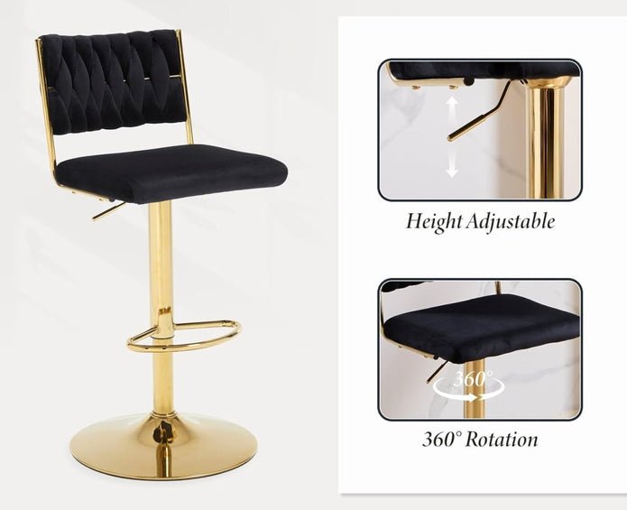 2x Adjustable Velvet Swivel Bar Stools with Braided Back and Gold Legs for Kitchen Island - Black - Furniture > Bar Stools & Chairs > Table & Bar Stools - Rivercity House & Home Co. (ABN 18 642 972 209) - Affordable Modern Furniture Australia