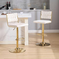 Set of 2 Adjustable Velvet Swivel Bar Stools with Braided Back and Gold Legs - White