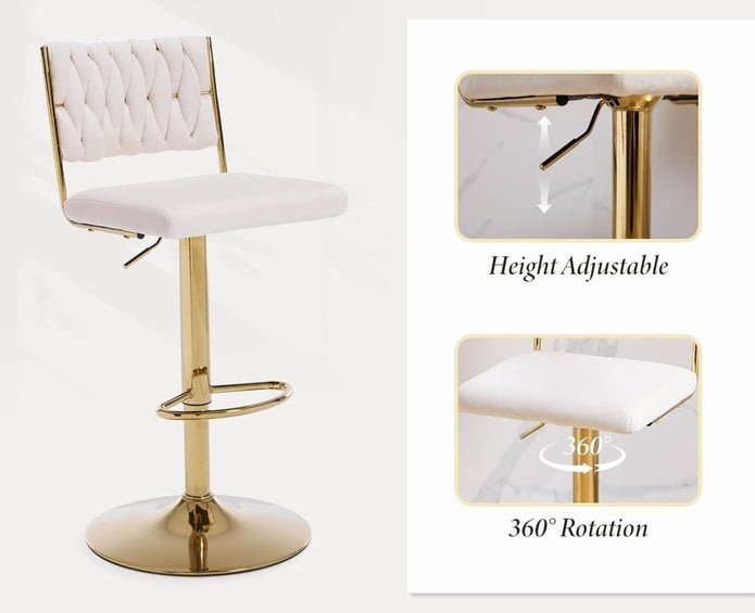 2x Adjustable Velvet Swivel Bar Stools with Braided Back and Gold Legs - White - Furniture > Bar Stools & Chairs > Table & Bar Stools - Rivercity House & Home Co. (ABN 18 642 972 209) - Affordable Modern Furniture Australia