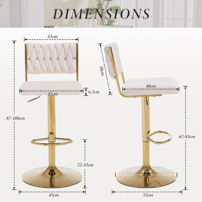 2x Adjustable Velvet Swivel Bar Stools with Braided Back and Gold Legs - White - Furniture > Bar Stools & Chairs > Table & Bar Stools - Rivercity House & Home Co. (ABN 18 642 972 209) - Affordable Modern Furniture Australia