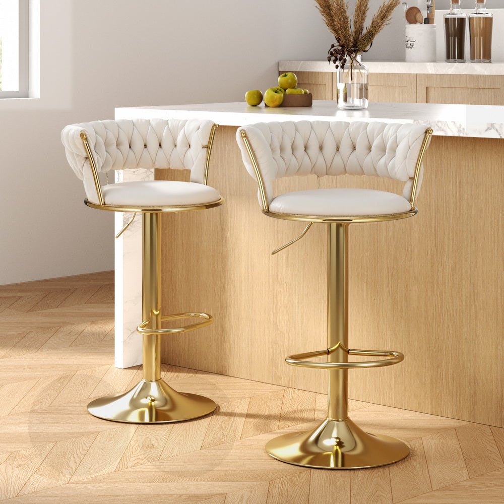 2x Bar Stools Gas Lift Velvet Woven Backrest Ivory - Furniture > Bar Stools & Chairs > Table & Bar Stools - Rivercity House & Home Co. (ABN 18 642 972 209) - Affordable Modern Furniture Australia