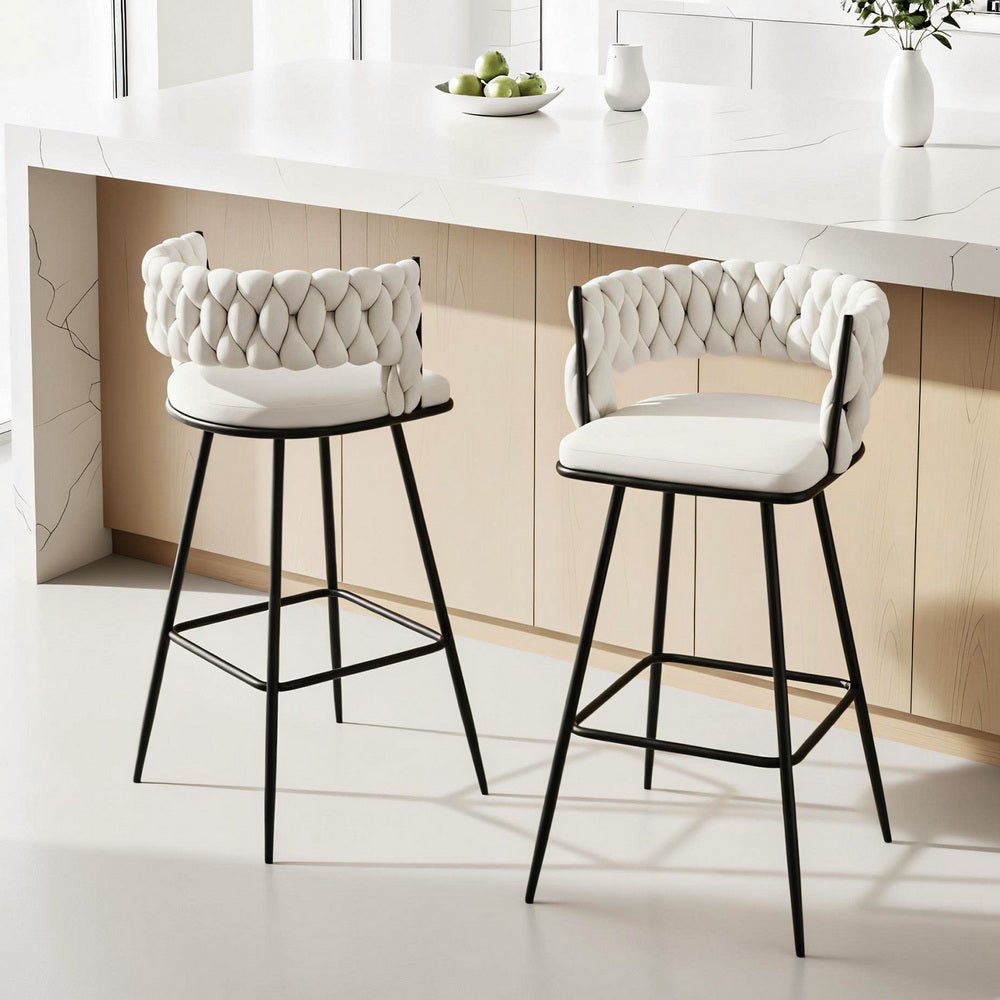 2x Bar Stools Kitchen Dining Chair Counter Stool Woven Velvet Metal Ivory - Furniture > Bar Stools & Chairs > Table & Bar Stools - Rivercity House & Home Co. (ABN 18 642 972 209) - Affordable Modern Furniture Australia
