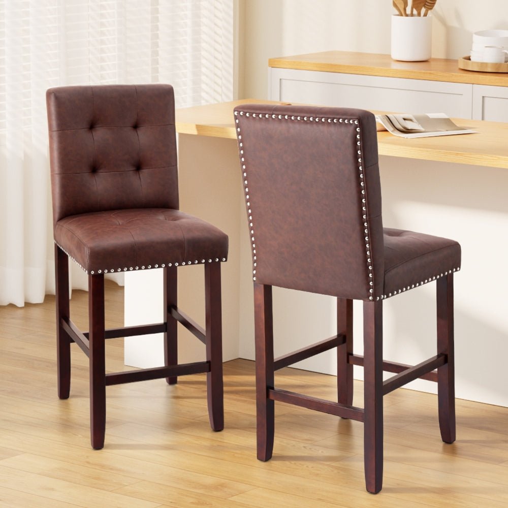 2x Bar Stools Kitchen Dining Chairs Counter PU Leather Wooden Ada Brown - Furniture > Bar Stools & Chairs > Table & Bar Stools - Rivercity House & Home Co. (ABN 18 642 972 209) - Affordable Modern Furniture Australia