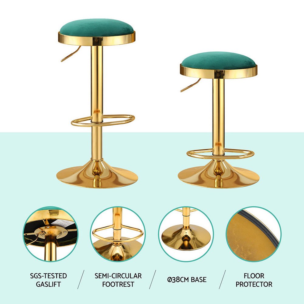 2x Bar Stools Kitchen Dining Chairs Velvet Padded Stool Green - Furniture > Bar Stools & Chairs > Table & Bar Stools - Rivercity House & Home Co. (ABN 18 642 972 209) - Affordable Modern Furniture Australia