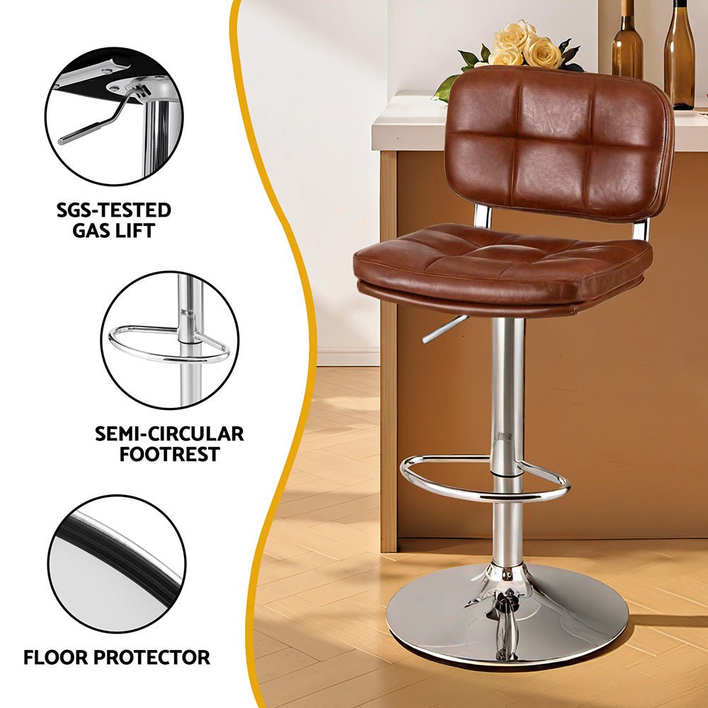 2x Bar Stools Kitchen Swivel Gas Lift Counter Chair Tuft PU Leather Brown - Furniture > Bar Stools & Chairs > Table & Bar Stools - Rivercity House & Home Co. (ABN 18 642 972 209) - Affordable Modern Furniture Australia
