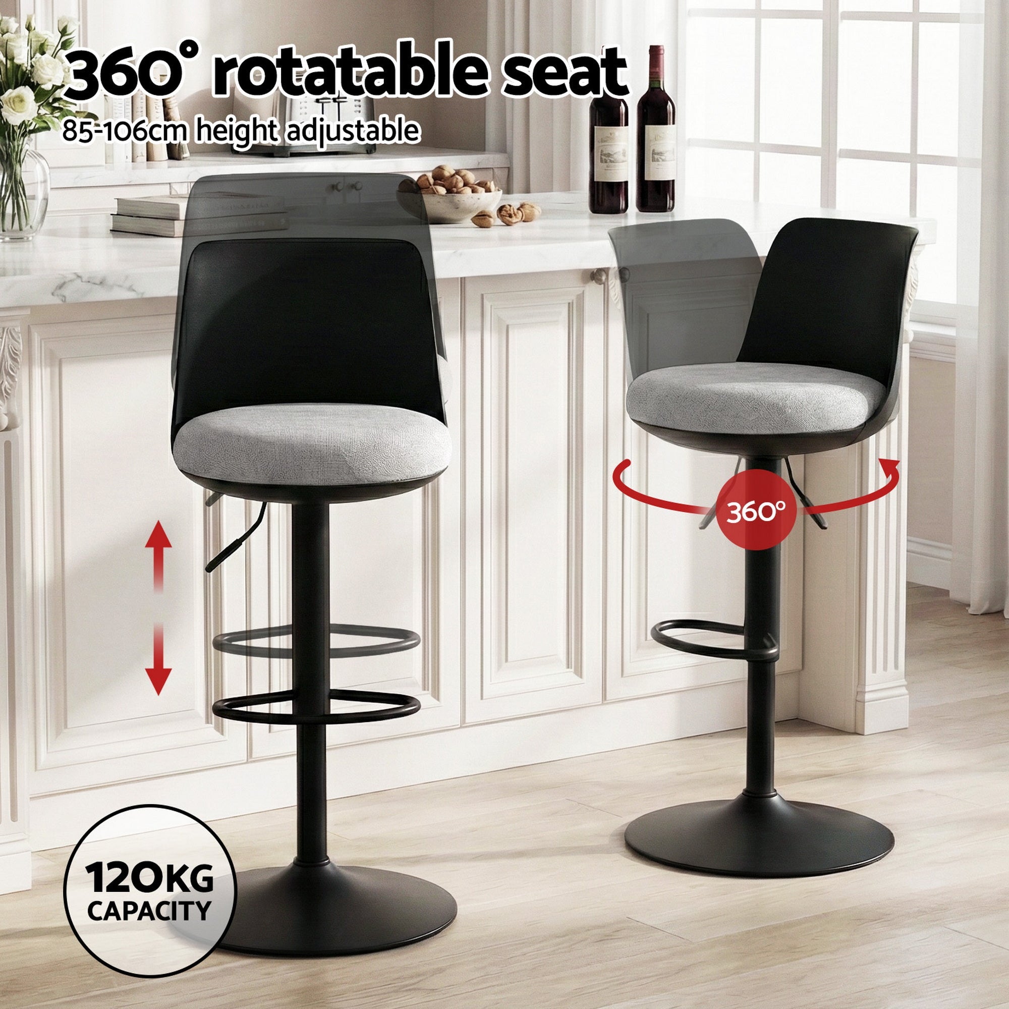 2x Bar Stools Kitchen Swivel Gas Lift Counter Dining Chair Curved Black - Furniture > Bar Stools & Chairs > Table & Bar Stools - Rivercity House & Home Co. (ABN 18 642 972 209) - Affordable Modern Furniture Australia