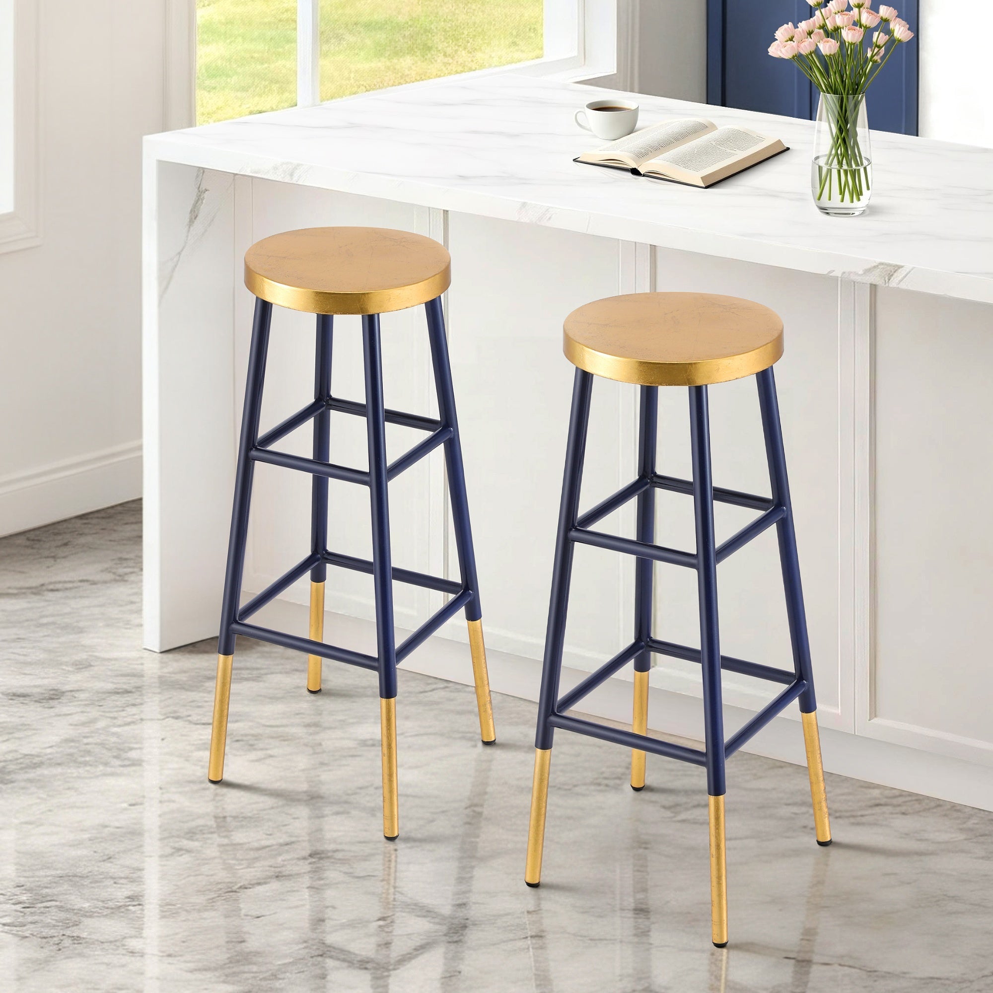 2x Bar Stools Metal Gold Navy - Furniture > Bar Stools & Chairs > Table & Bar Stools - Rivercity House & Home Co. (ABN 18 642 972 209) - Affordable Modern Furniture Australia