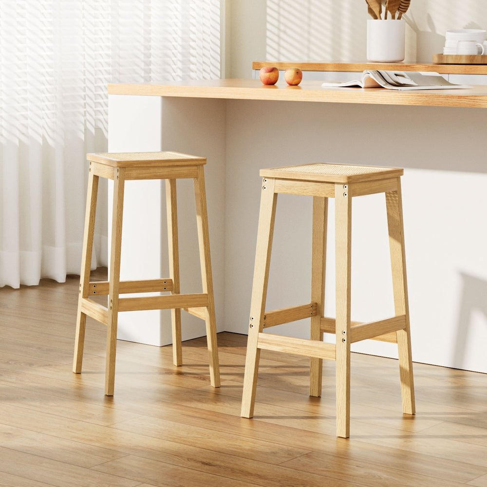 2x Bar Stools Rubber Wood Stool Counter Chair Rattan Barstools Kitchen - Furniture > Bar Stools & Chairs > Table & Bar Stools - Rivercity House & Home Co. (ABN 18 642 972 209) - Affordable Modern Furniture Australia