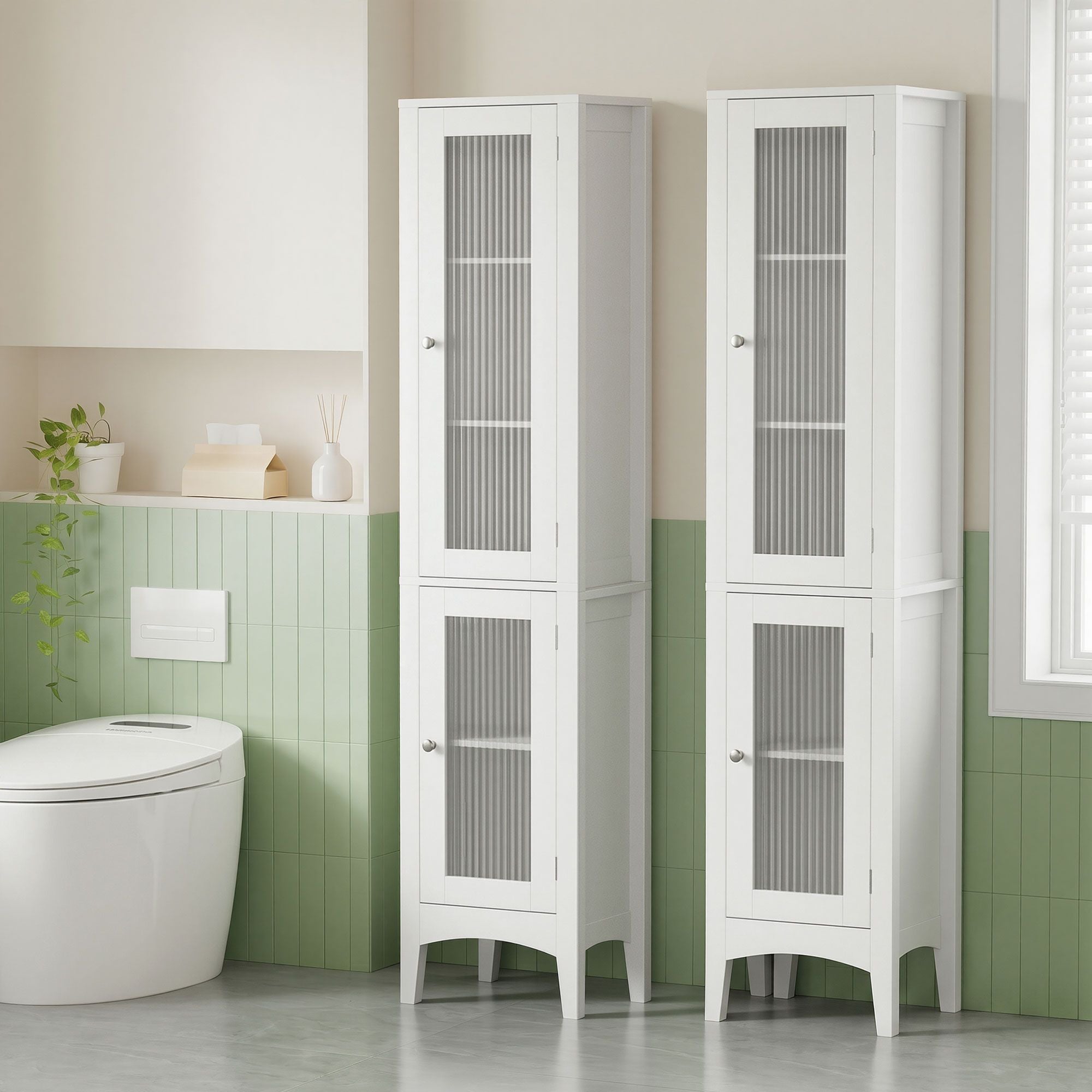 2X Bathroom Storage Cabinet 160cm Tall Slim Floor Cupboard Toilet Glass Door White - Furniture > Bathroom > Bathroom Cabinets, Cupboards & Storage - Rivercity House & Home Co. (ABN 18 642 972 209) - Affordable Modern Furniture Australia