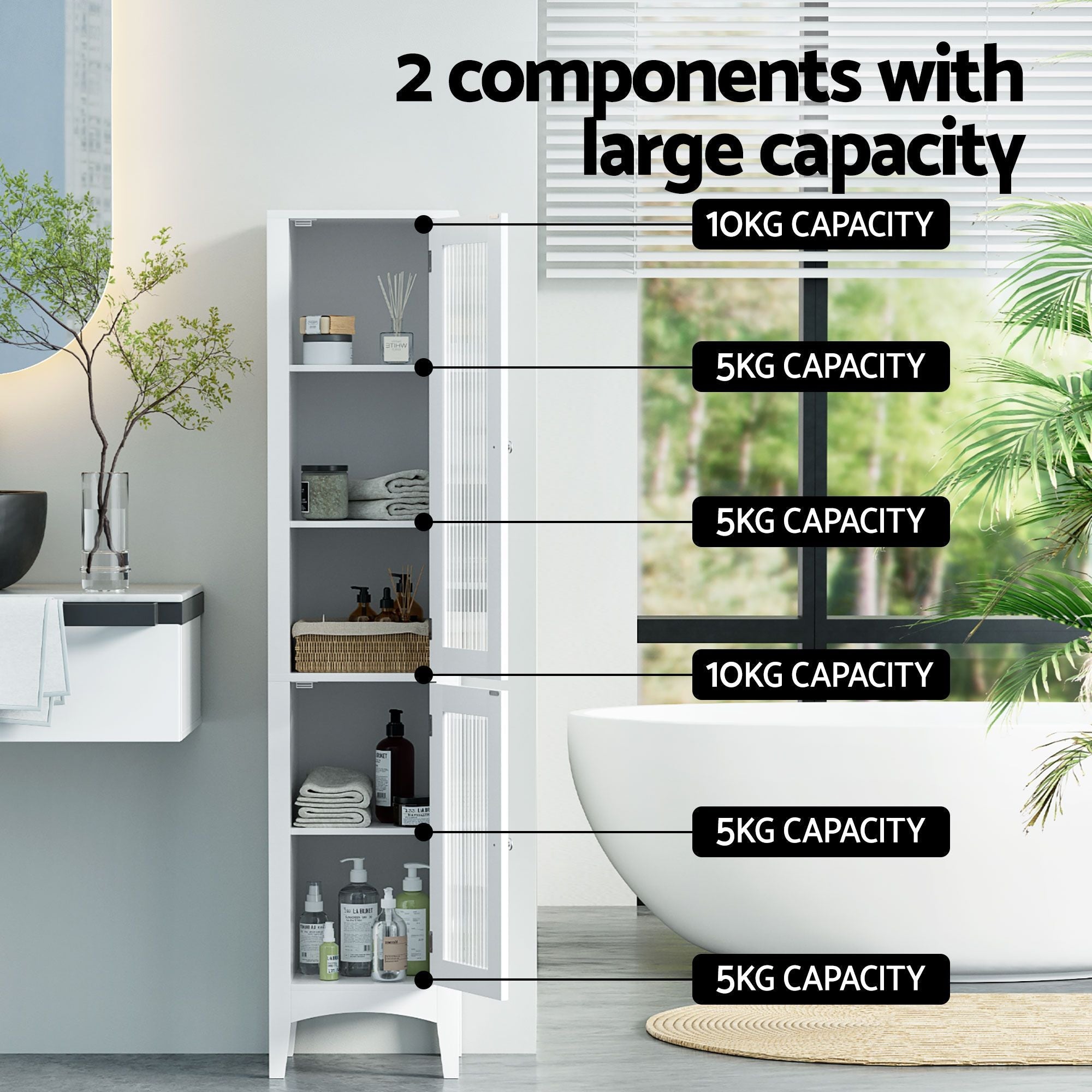 2X Bathroom Storage Cabinet 160cm Tall Slim Floor Cupboard Toilet Glass Door White - Furniture > Bathroom > Bathroom Cabinets, Cupboards & Storage - Rivercity House & Home Co. (ABN 18 642 972 209) - Affordable Modern Furniture Australia
