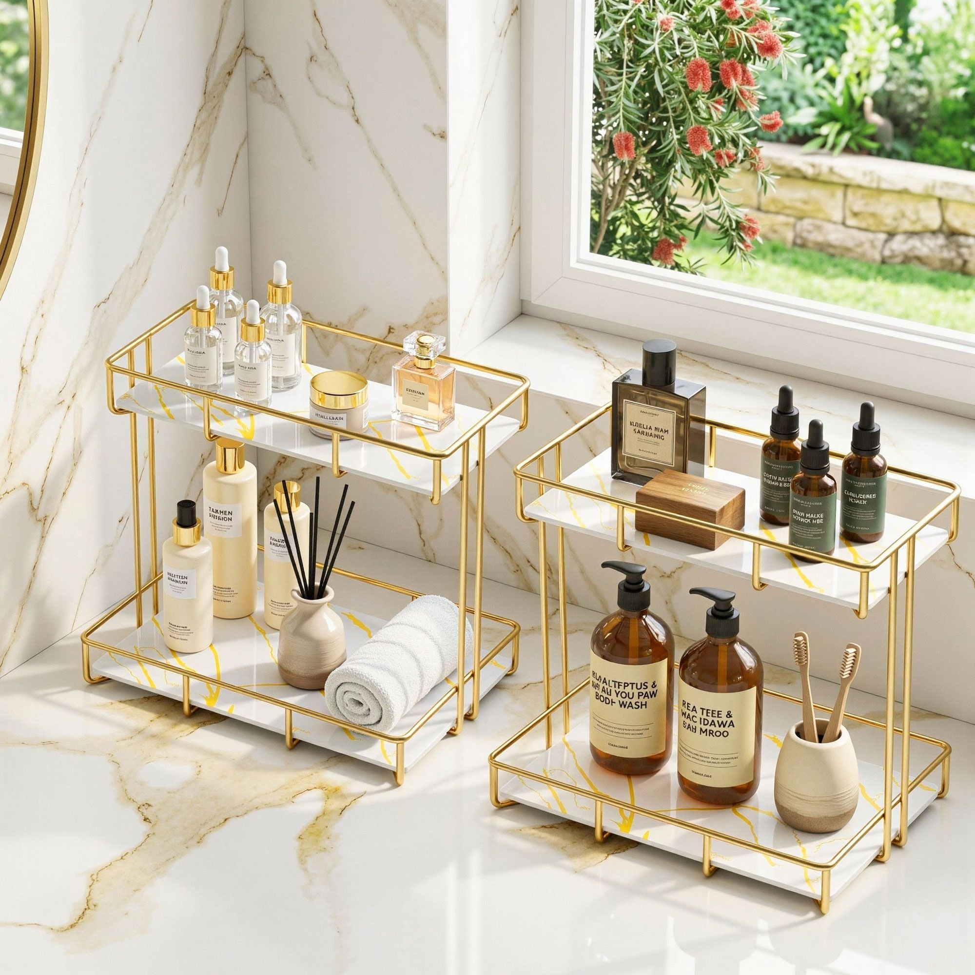 2X Bathroom Storage Rack 2 Tier Corner Organiser Gold Marble Look - Tools > Tools Storage > Wall Storage Racks - Rivercity House & Home Co. (ABN 18 642 972 209) - Affordable Modern Furniture Australia