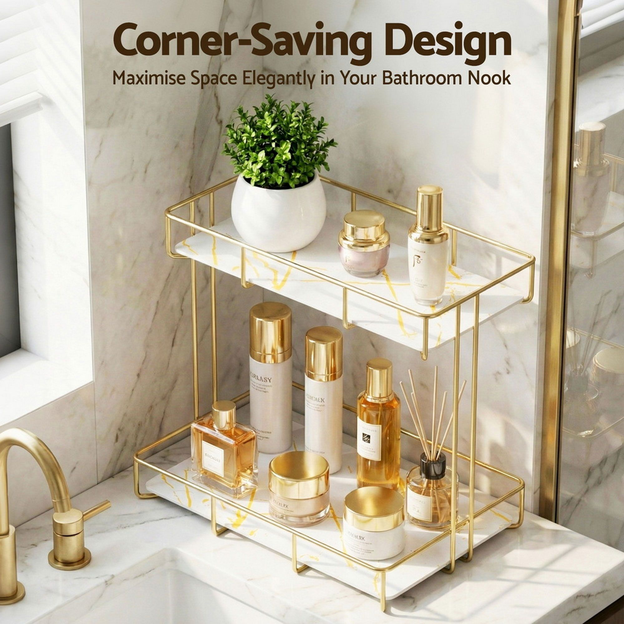 2X Bathroom Storage Rack 2 Tier Corner Organiser Gold Marble Look - Tools > Tools Storage > Wall Storage Racks - Rivercity House & Home Co. (ABN 18 642 972 209) - Affordable Modern Furniture Australia