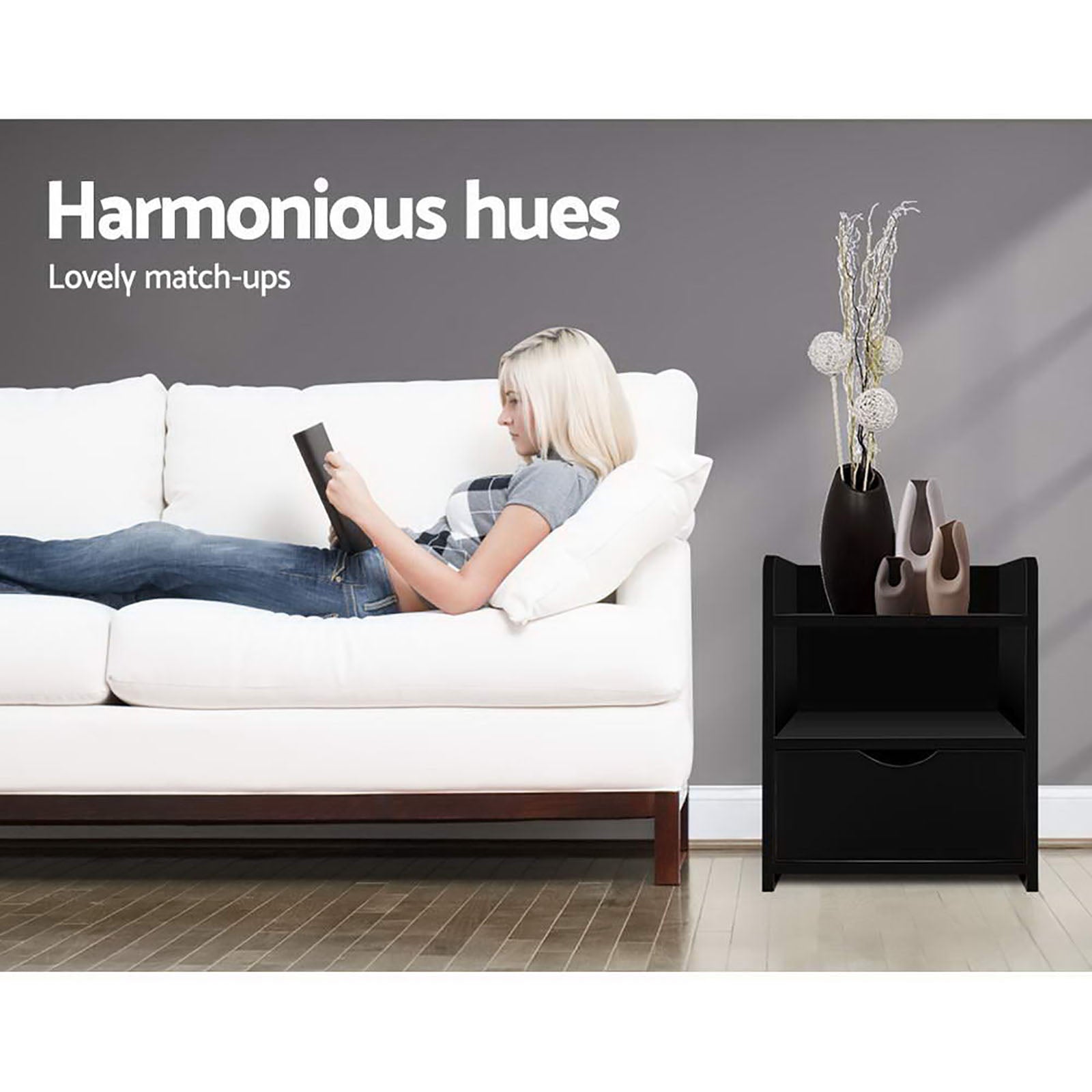 2X Bedside Table 1 Drawer with Shelf - FARA Black - Furniture > Bedroom > Bedside Tables - Rivercity House & Home Co. (ABN 18 642 972 209) - Affordable Modern Furniture Australia