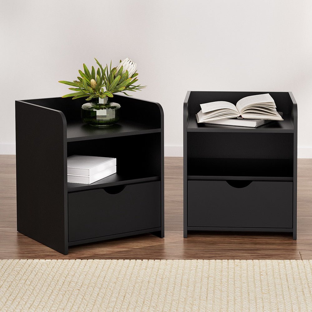 2X Bedside Table 1 Drawer with Shelf - FARA Black - Furniture > Bedroom > Bedside Tables - Rivercity House & Home Co. (ABN 18 642 972 209) - Affordable Modern Furniture Australia