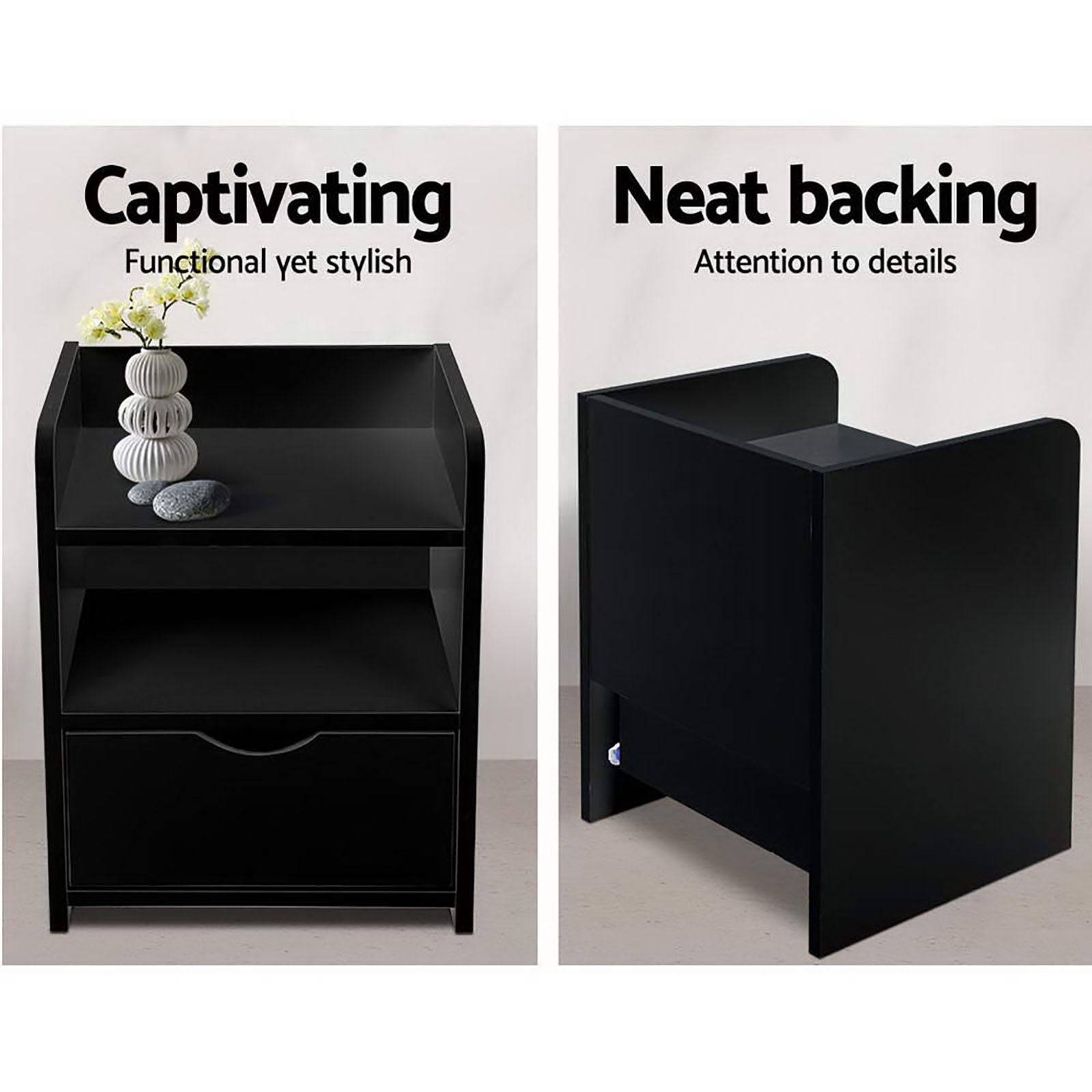 2X Bedside Table 1 Drawer with Shelf - FARA Black - Furniture > Bedroom > Bedside Tables - Rivercity House & Home Co. (ABN 18 642 972 209) - Affordable Modern Furniture Australia